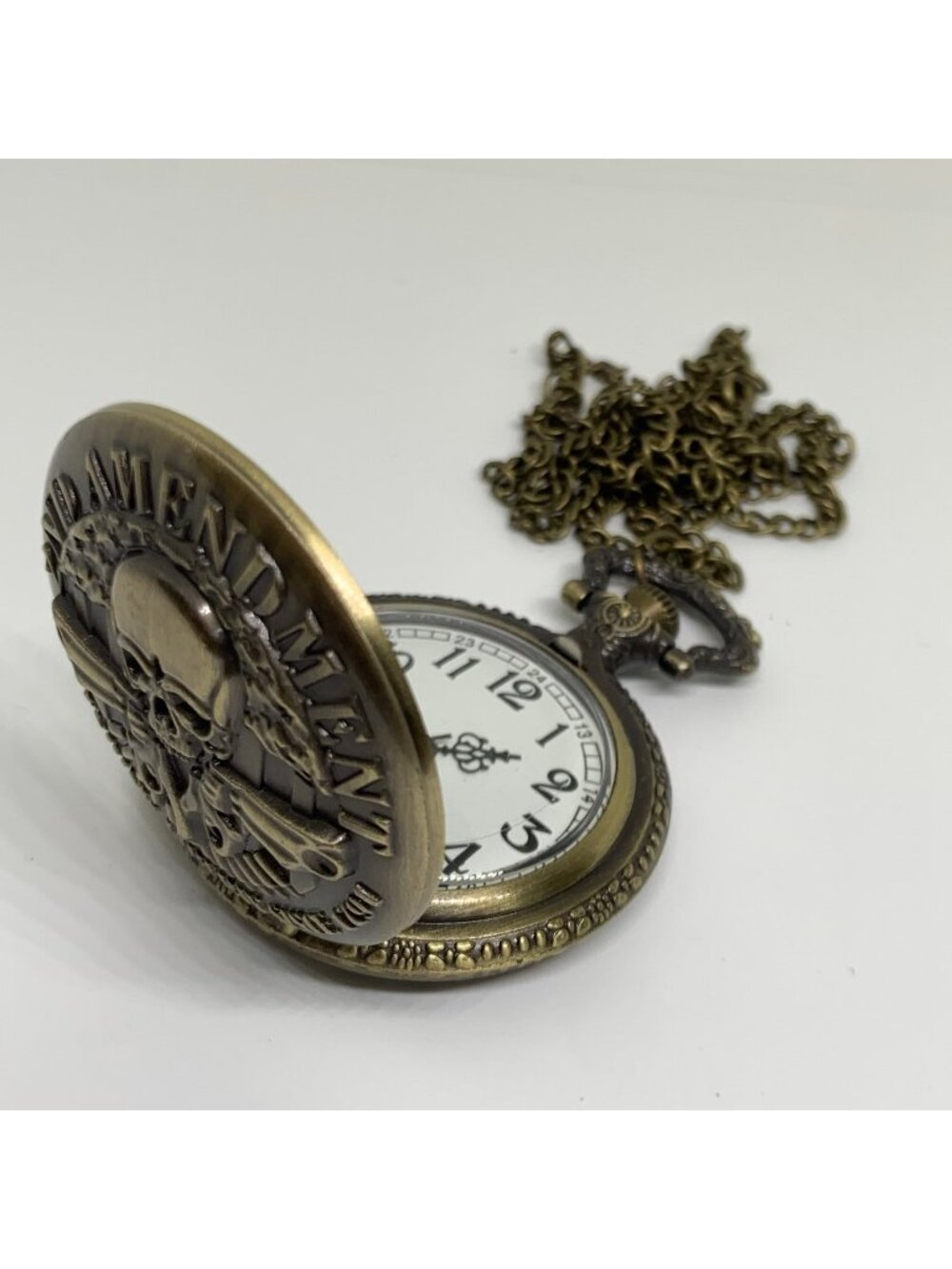 Bronze tone quartz analog pocket watch 46mm white dial with necklace running